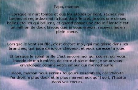 PAPA ,  MAMAN CE PETIT TEXTE POUR VOUS ,  JE VOUS AIME ET VOUS PROTEGE , UN JOUR VOUS SEREZ VERS MOI POUR NOTRE PLUS GRANDE JOIE