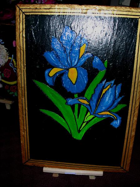 fait main sur ardoise une iris, comme tu le disais mon poussin papa � de l'or entre les mains